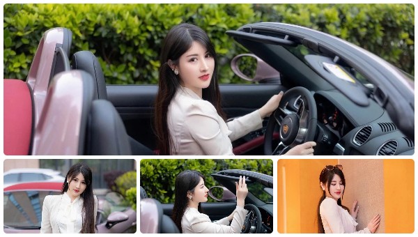 臉部線條極其精緻的美女與超跑合影